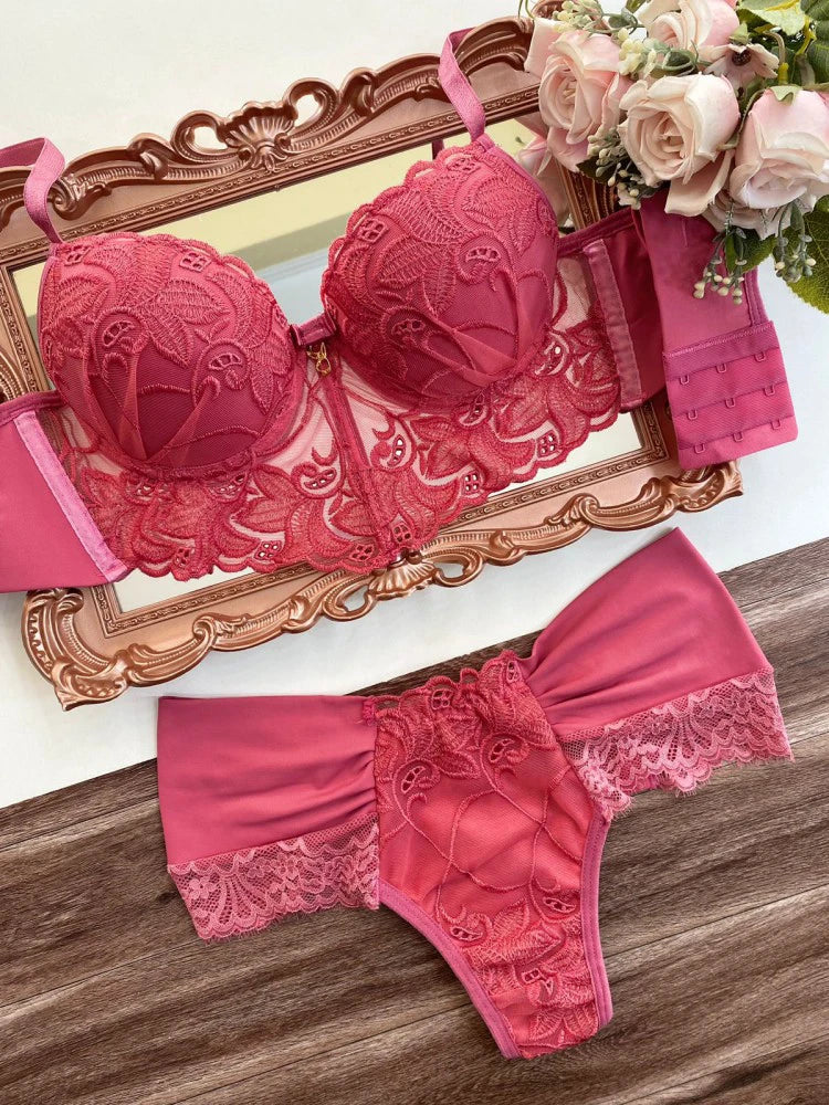 Bra & Panty Set Solid Pink Lingerie Set