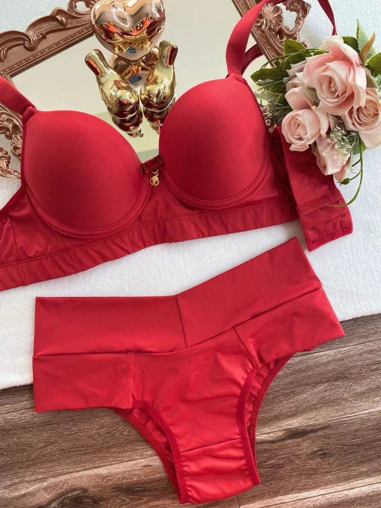 Bra & Panty Set Solid Red Lingerie Set