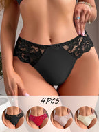 4pcs Lace Trimmed Women Triangle Panties Soft Skin Friendly Breathable Solid Color Comfortable