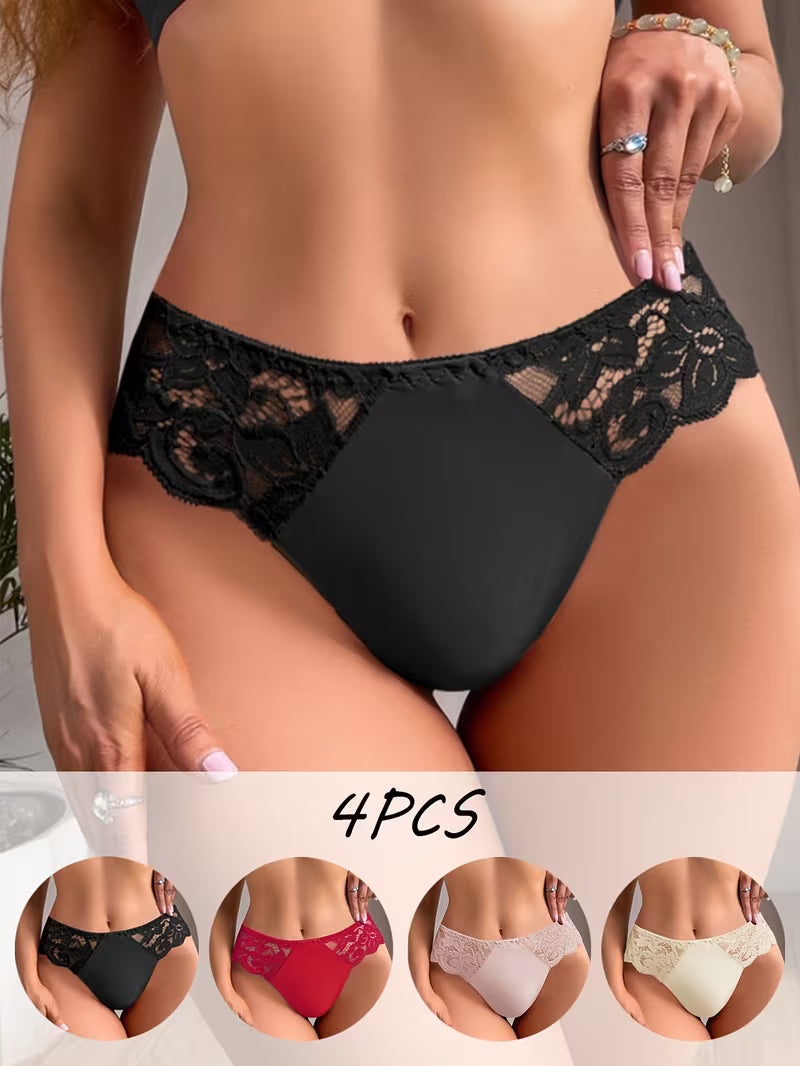 4pcs Lace Trimmed Women Triangle Panties Soft Skin Friendly Breathable Solid Color Comfortable