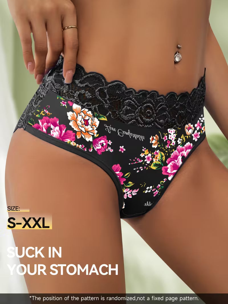 4pcs Women'S Triangle Panties - Elegant Floral Lace Trim Waistband, Soft Breathable Fabric