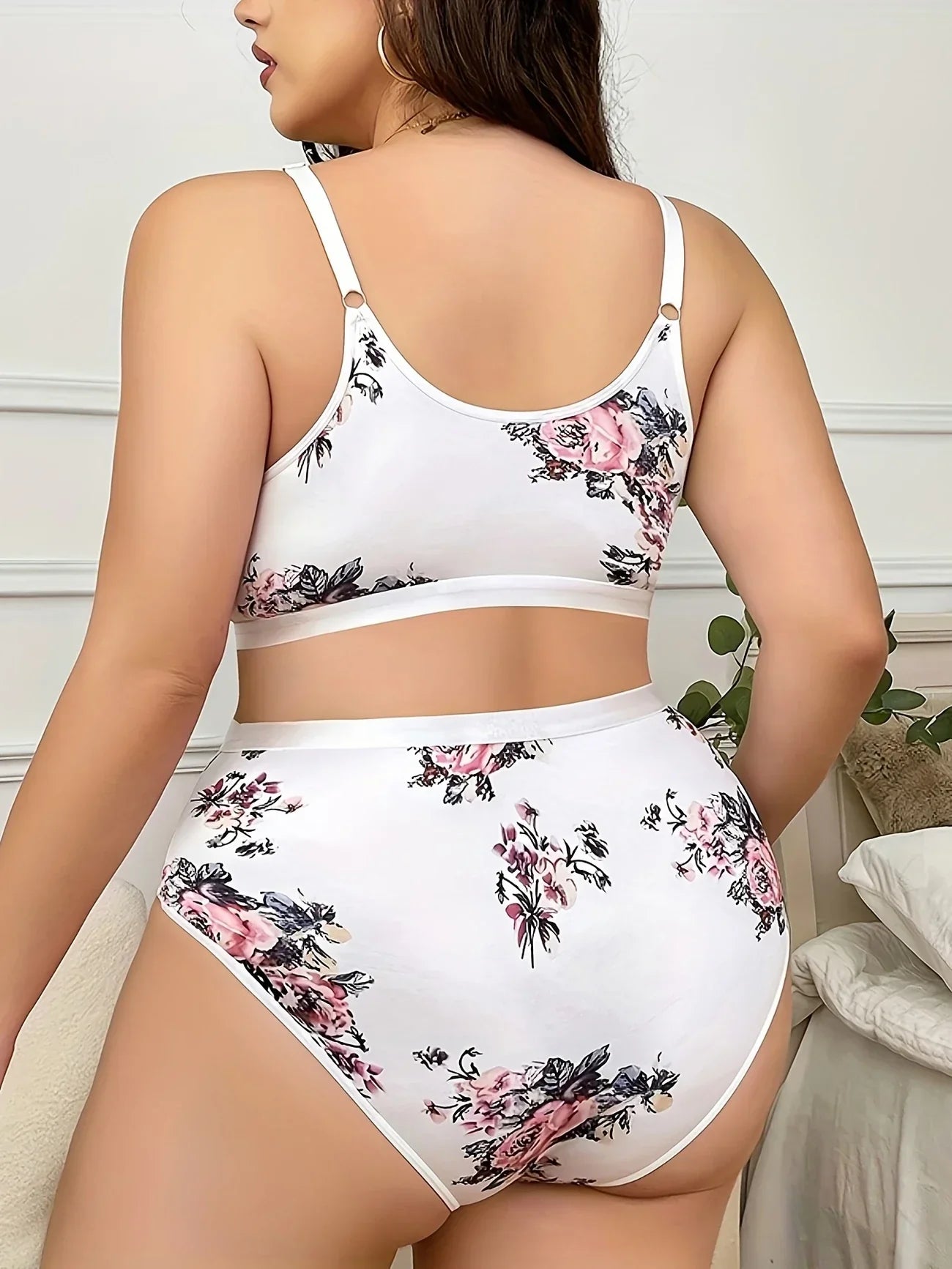 Floral Printed Bra, Daily Casual And Comfortable  Medium Stretch Cross-Strap Bra And Panties Set