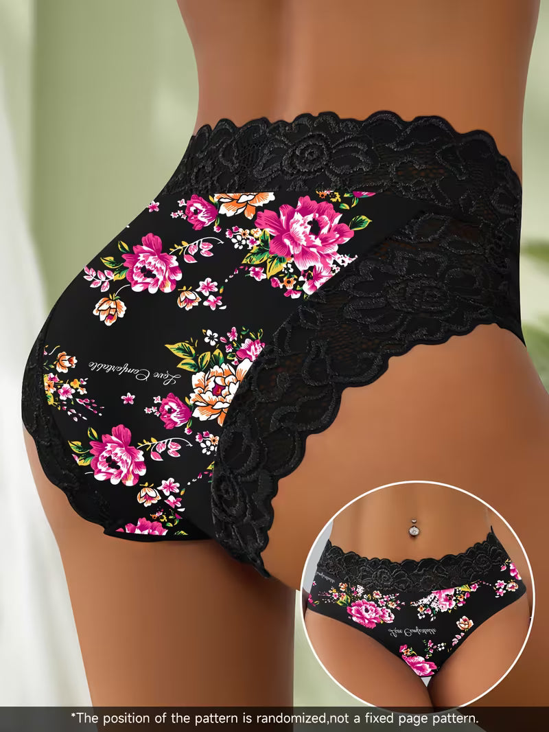 4pcs Women'S Triangle Panties - Elegant Floral Lace Trim Waistband, Soft Breathable Fabric