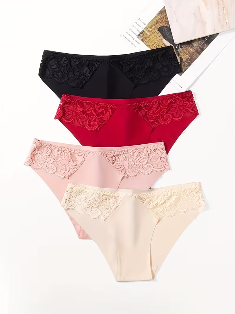 4pcs Lace Trimmed Women Triangle Panties Soft Skin Friendly Breathable Solid Color Comfortable