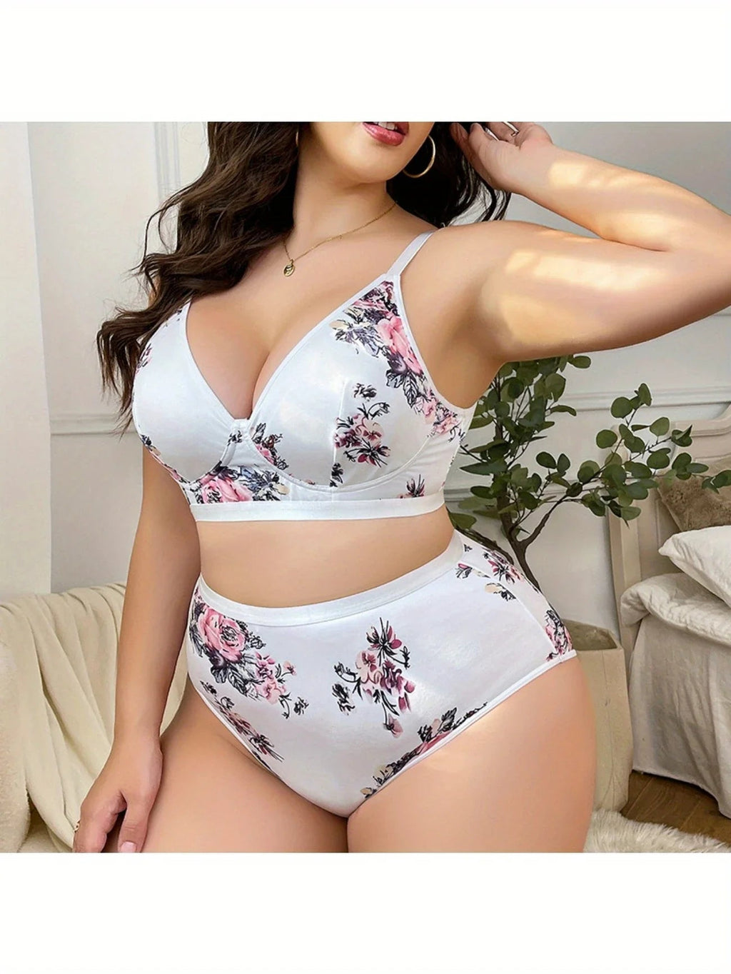 Floral Printed Bra, Daily Casual And Comfortable  Medium Stretch Cross-Strap Bra And Panties Set