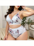 Floral Printed Bra, Daily Casual And Comfortable  Medium Stretch Cross-Strap Bra And Panties Set