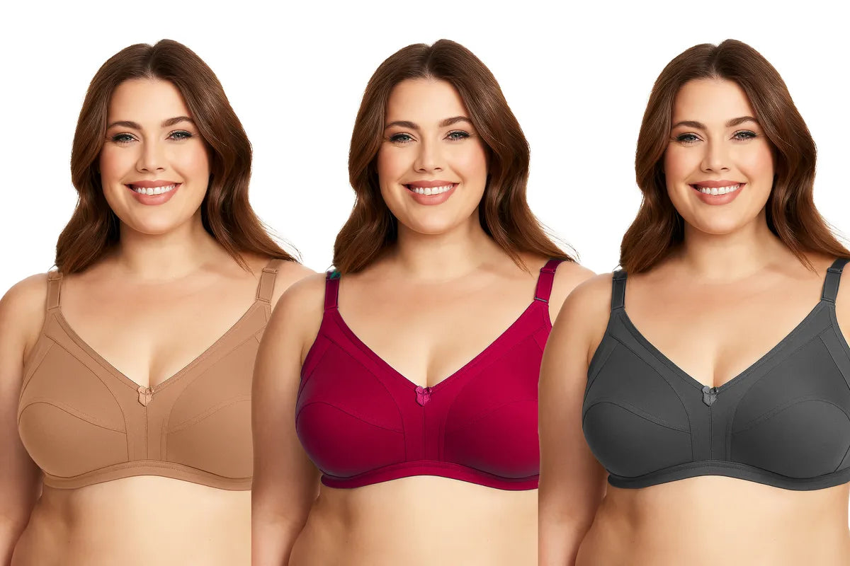Pack Of 3 Women's Cotton Blend Solid Full Coverage Ethnic Daily Wear Non Padded Bra