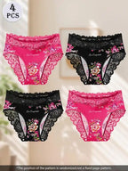 4pcs Women'S Triangle Panties - Elegant Floral Lace Trim Waistband, Soft Breathable Fabric