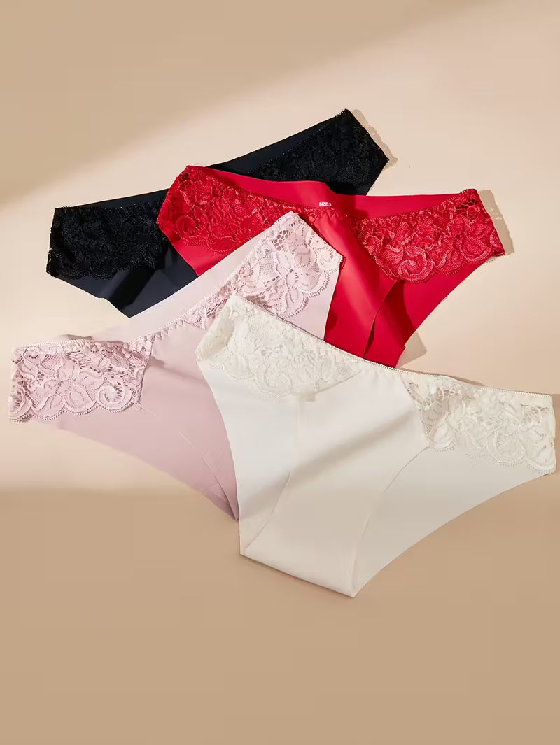 4pcs Lace Trimmed Women Triangle Panties Soft Skin Friendly Breathable Solid Color Comfortable