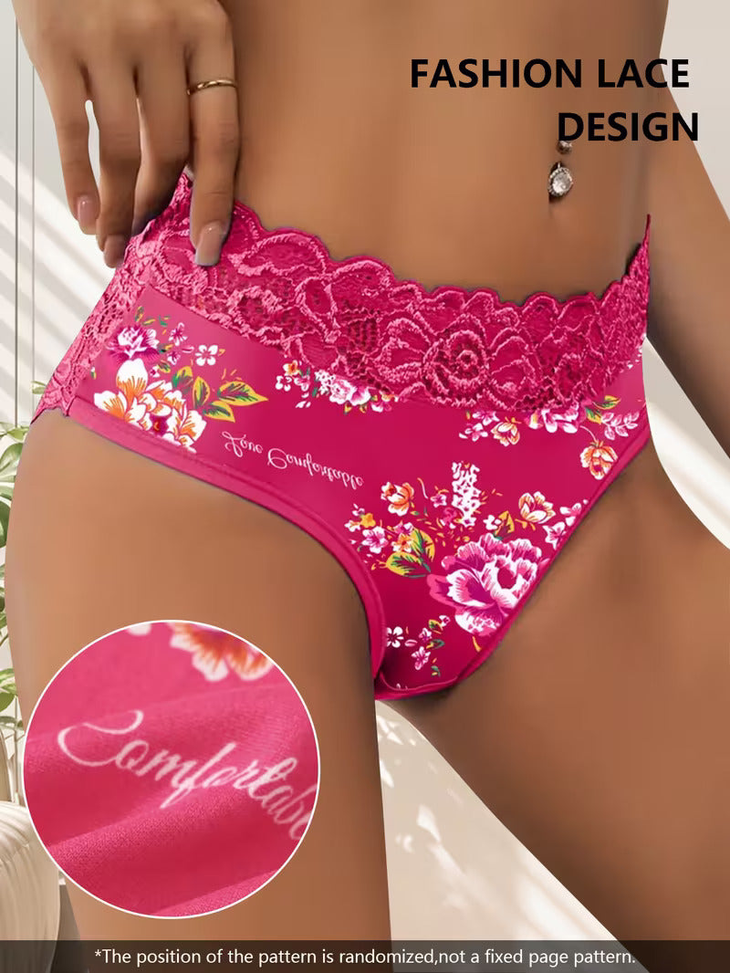 4pcs Women'S Triangle Panties - Elegant Floral Lace Trim Waistband, Soft Breathable Fabric